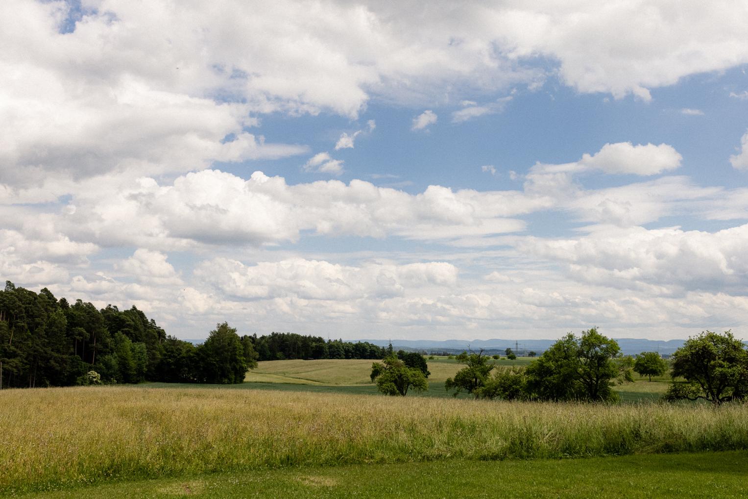 Weite Felder und Baumreihen in der Landschaft rund um den Lindenhof Mötzingen
