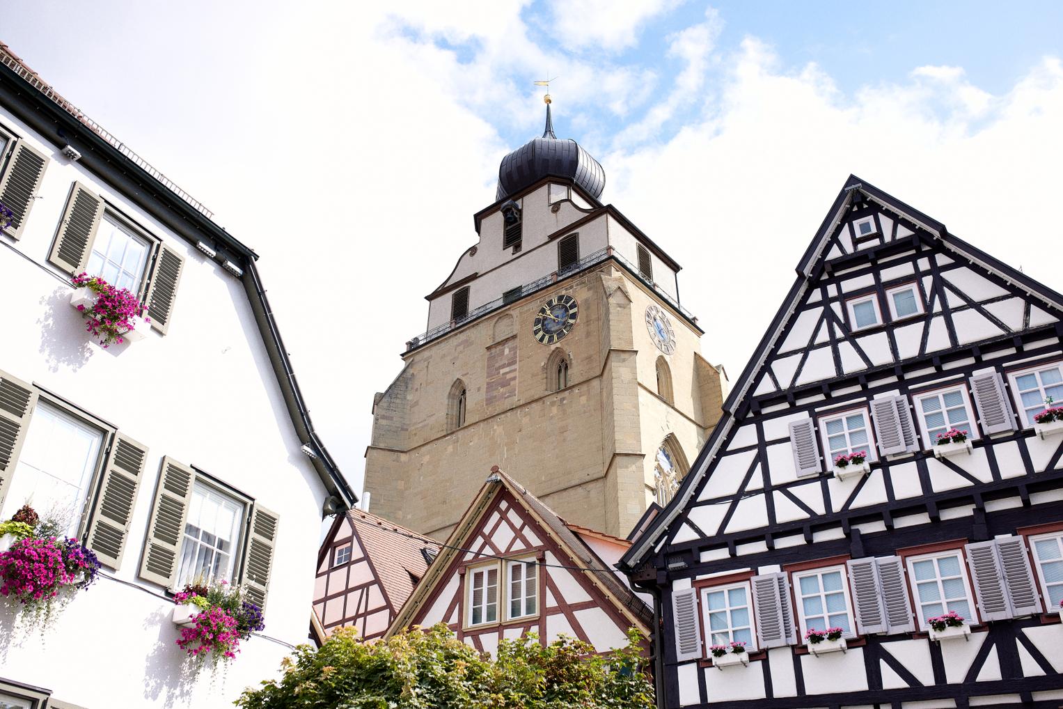 Historische Stiftskirche in Herrenberg mit Fachwerkhäusern im Vordergrund und blauem Himmel im Hintergrund.