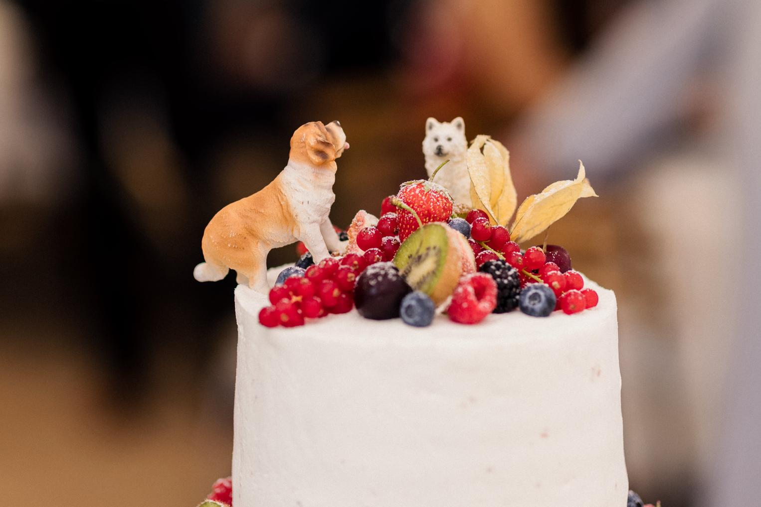 Hochzeitstorte mit frischen Beeren und kleinen Hundefiguren als Tortenaufsatz – Detail der Feier im Schlosshof