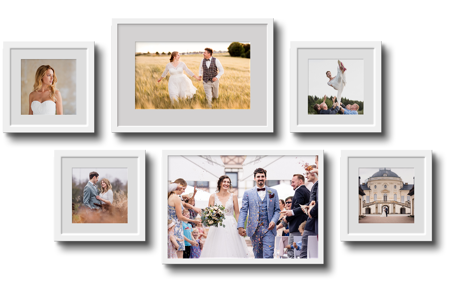 Collage von Hochzeitsfotos, die die Emotionen und besonderen Momente einer Hochzeit einfangen – vom Brautpaarshooting bis zum ersten Tanz.